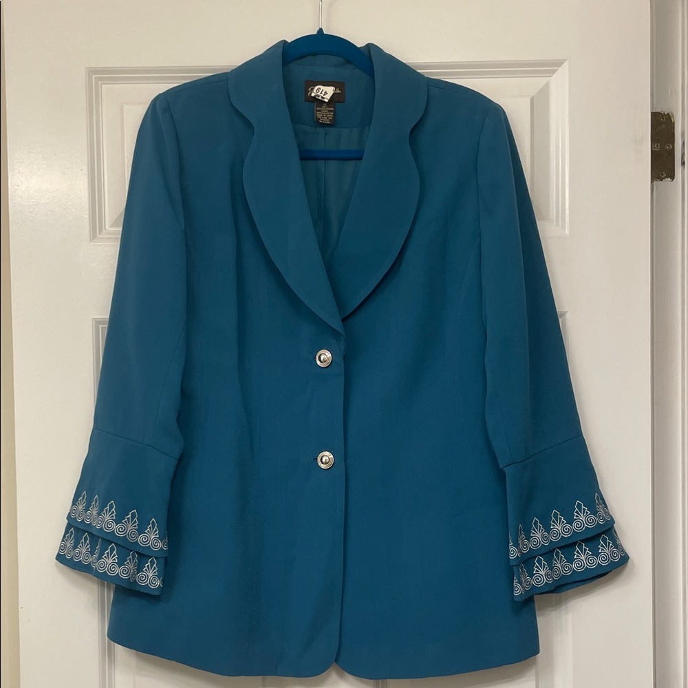 Full Suit - Teal Blazer with Embroidered Cuffs and Matching Skirt